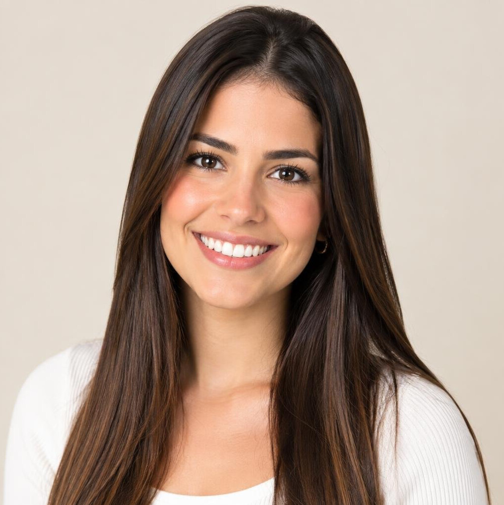 Studio portrait of a young Brazilian woman with straight hair
