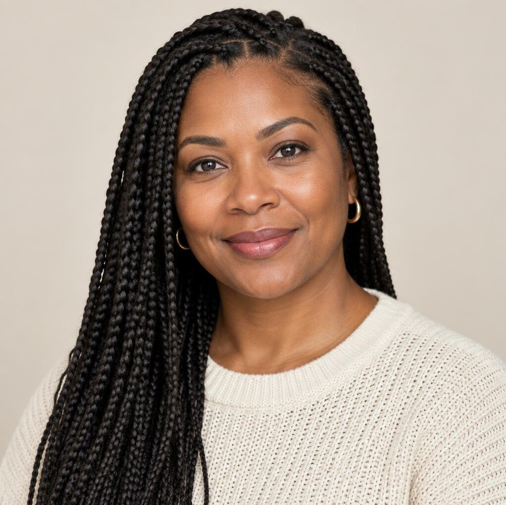 Studio portrait of a Brazilian woman with long braided hair