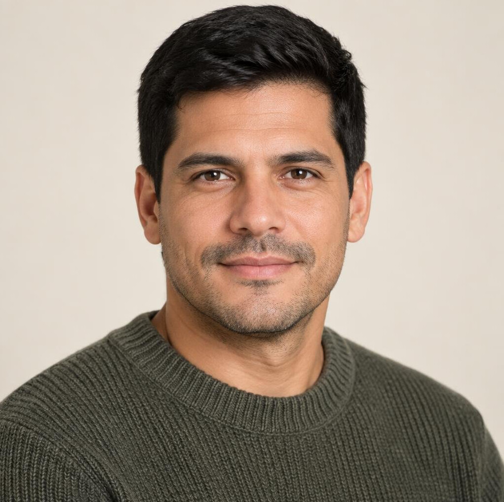Studio portrait of a Brazilian man with short hair